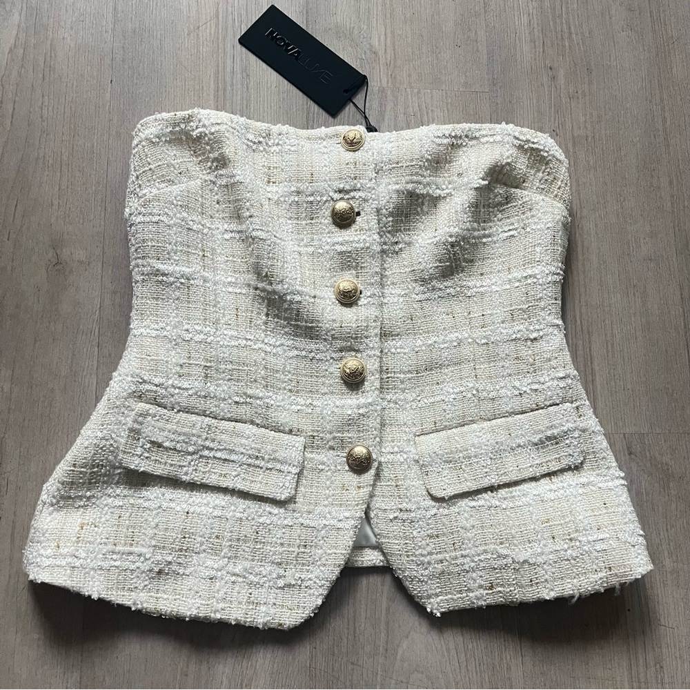 Fashion Nova Cream Tweed Strapless Top